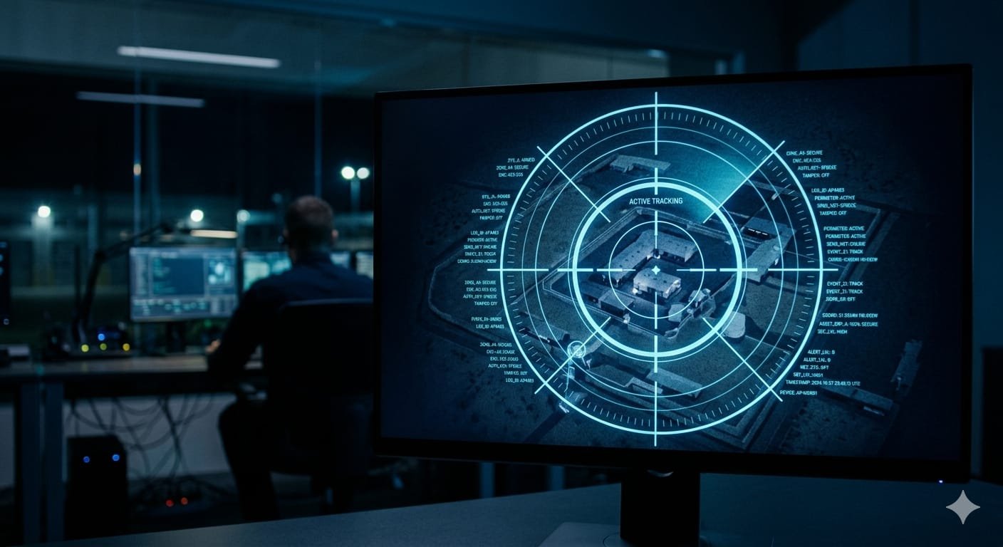 Target azul neón en un fondo azul oscuro con una oficina atrás