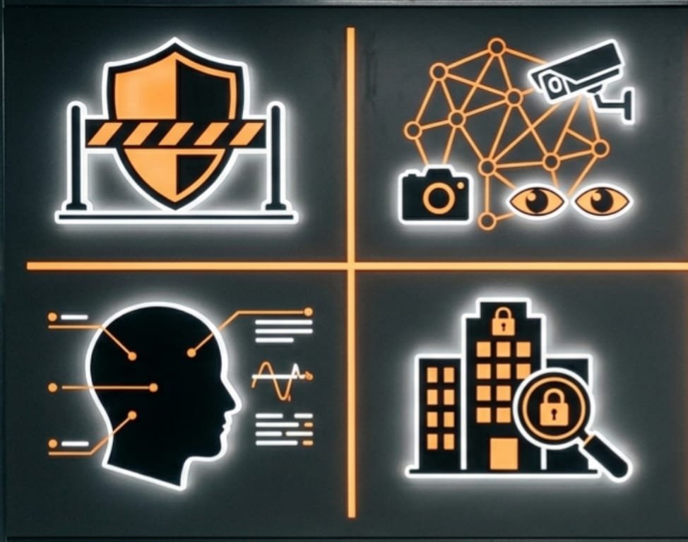 cuadrante de imagenes negro-naranja que son un edificio, una red de internet, una cabeza humana y un signo de prohibido el paso