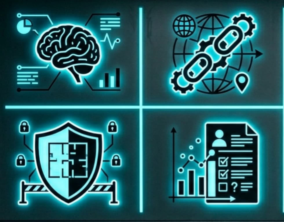 cuadrante de imagenes negro con azul que son un cerebro, un signo de no pasar, un documento legal y una red de internet